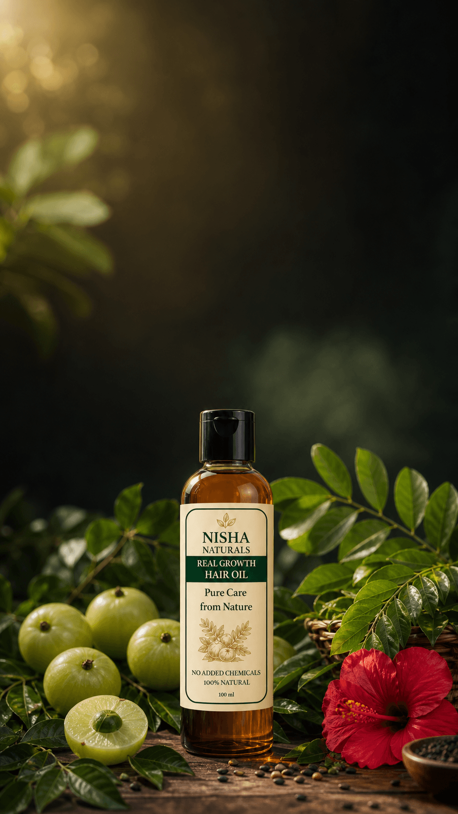 Nisha Naturals hair oil bottle surrounded by amla and botanicals